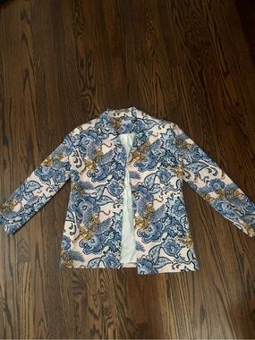 Las Surenas Flying Tiger Blue & Pink Linen Blend Blazer Medium